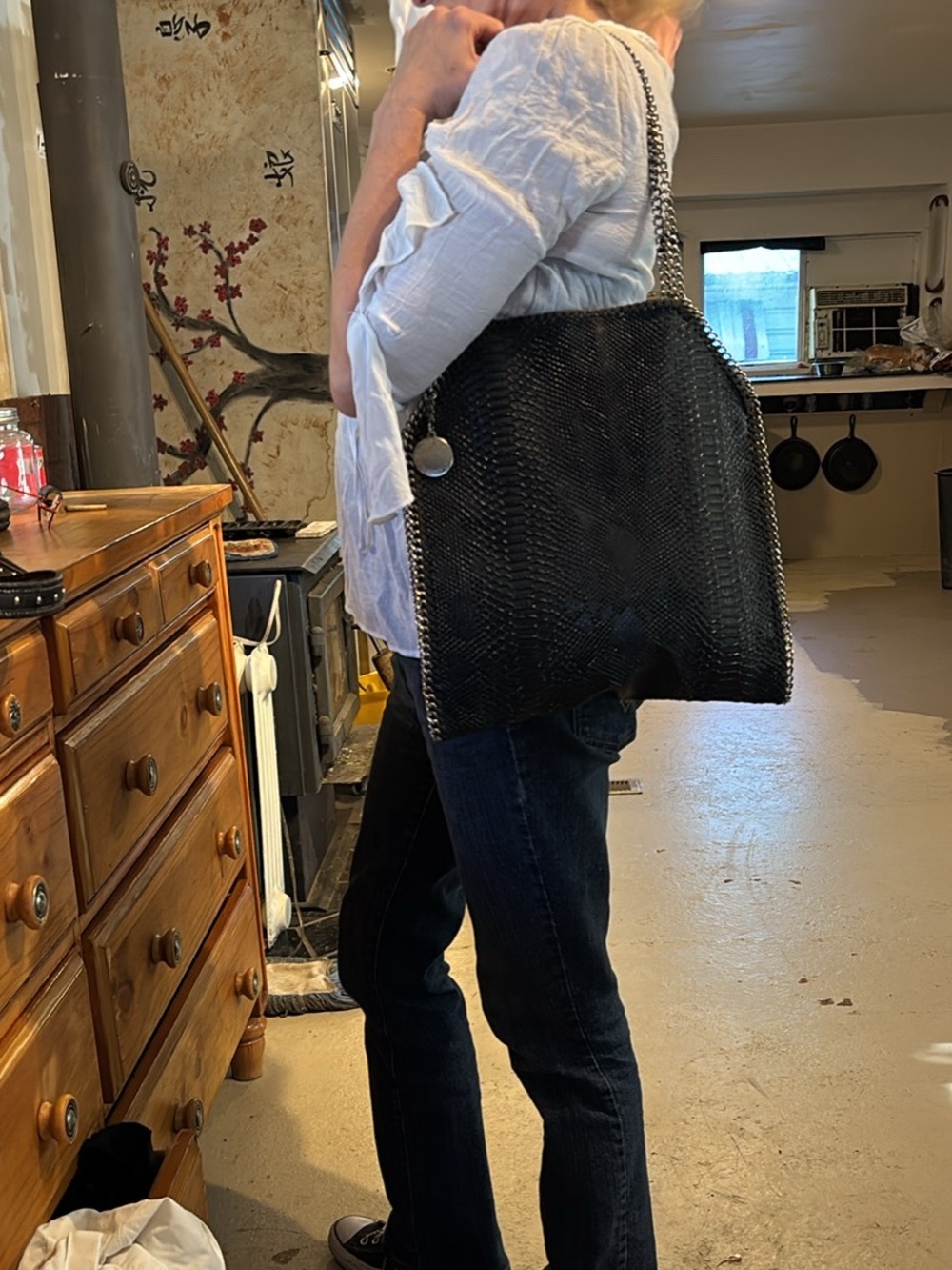 Stella McCartney Black Woven Chain-Trim Shoulder Tote